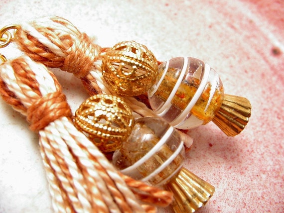 Caramel and Gold Beaded Tassel Earrings
