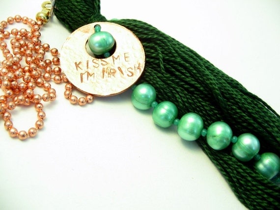 Kiss Me I'm Irish Green Pearl Beaded Tassel Fan Pull Kiss Me I'm Irish Green Pearl Beaded Tassel Fan Pull