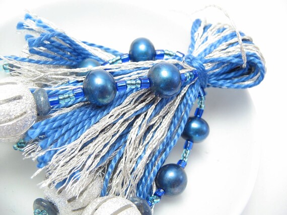 Blue and Silver Beaded Tassel Christmas Ornament