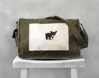 Baby French Bulldog Messenger Bag - Khaki Green - Canvas Bag