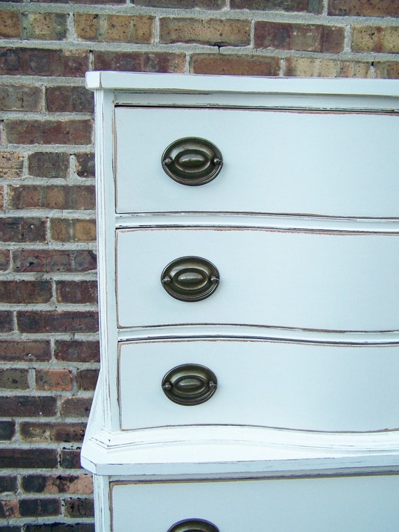 Antique Distressed Highboy Dresser In White Linen RESERVED