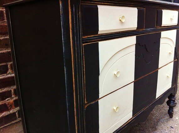 Vintage Black And White Striped Dresser