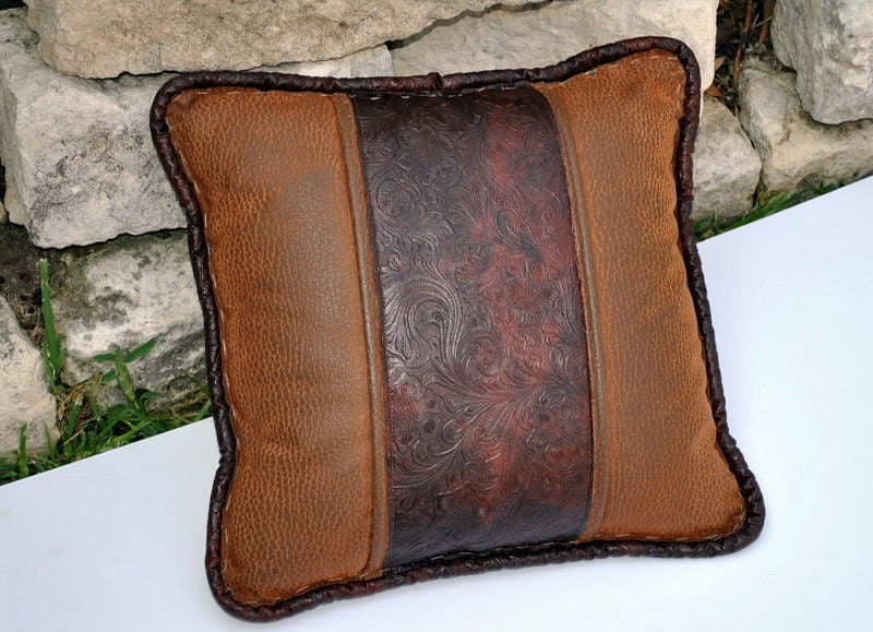 Two Tone Brown Faux Leather Pillow by YellowBugBoutique on Etsy