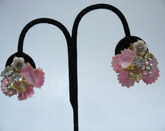 Vintage Pink Enamel Pearl Rhinestone Earrings