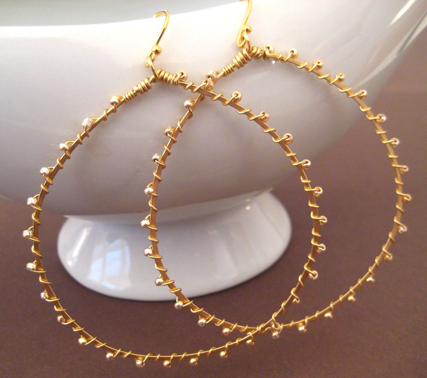Gold Hoop Earrings Wire Wrapped Seed Beads Gold Beads