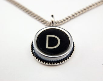 LETTER D - Vintage Typewriter Key Pendant Necklace Charm - Black Silver Rim - Other Letters Available GDJ