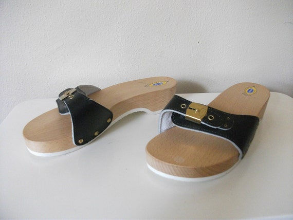 1980s Original Black Leather Dr. Scholls Clog Sandals Size 8