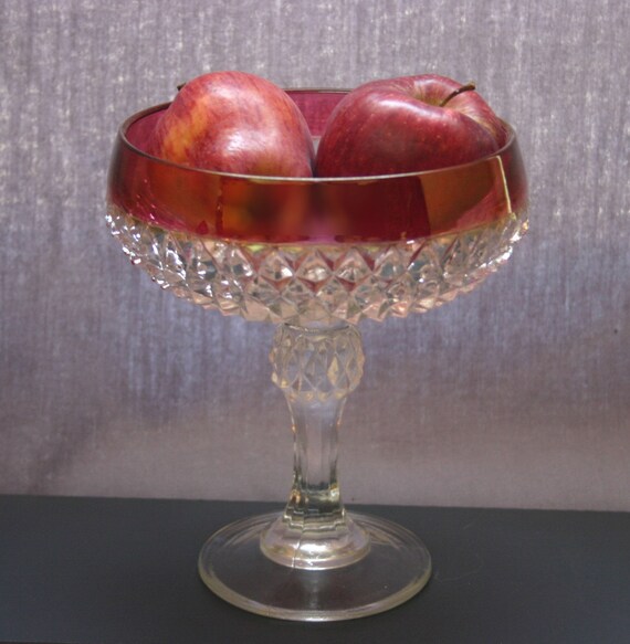 Vintage Ruby Red Rimmed Indiana Diamond Cut Glass Dish