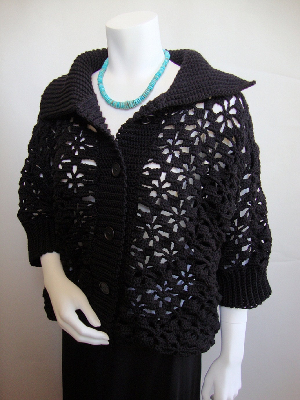 Crochet Cardigan Black Cardigan Merino Cardigan Crocheted