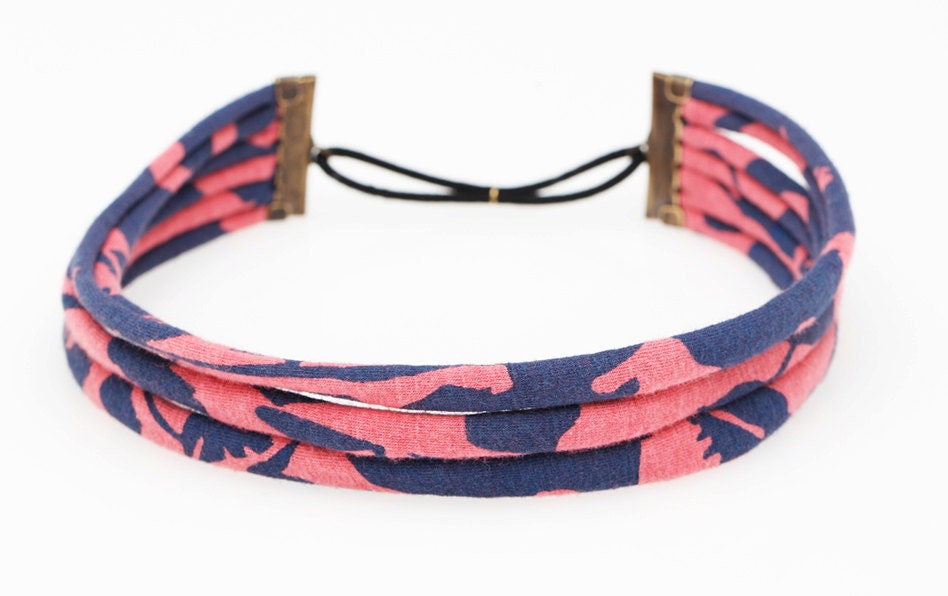 Hand Printed 'Floral' String Headband in Navy and Pink
