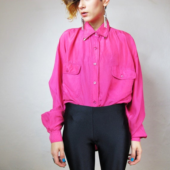 Fuschia Silk Blouse with Metal Collar Tips M/L by honeymoonmuse