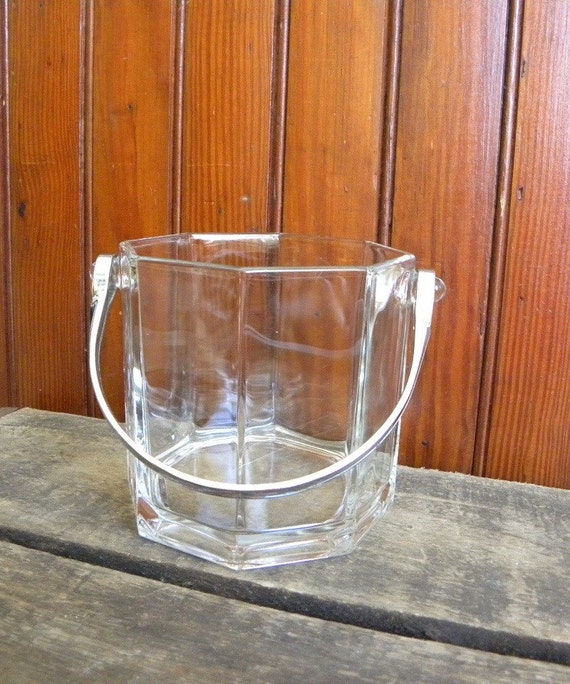 Vintage Clear Glass Ice Bucket with Chrome Metal Handle Made