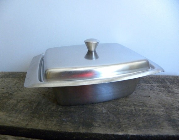 Mid Century Danish Modern Stainless Steel Butter Dish with lid