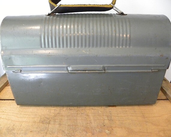 Vintage Gun Metal Work Lunch Box Pail with Leather strap