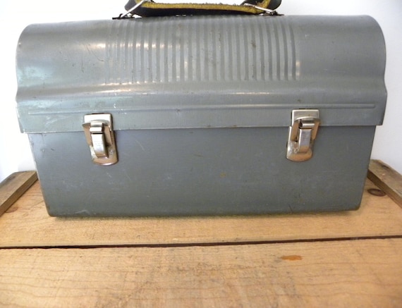 Vintage Gun Metal Work Lunch Box Pail with Leather strap