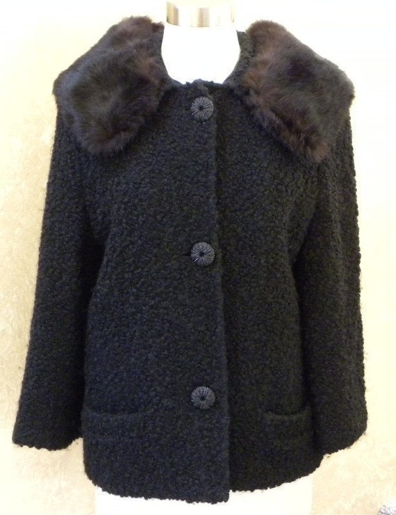 Vintage 1960s Dress Coat Black Curly Lambs Wool Coat Jacket