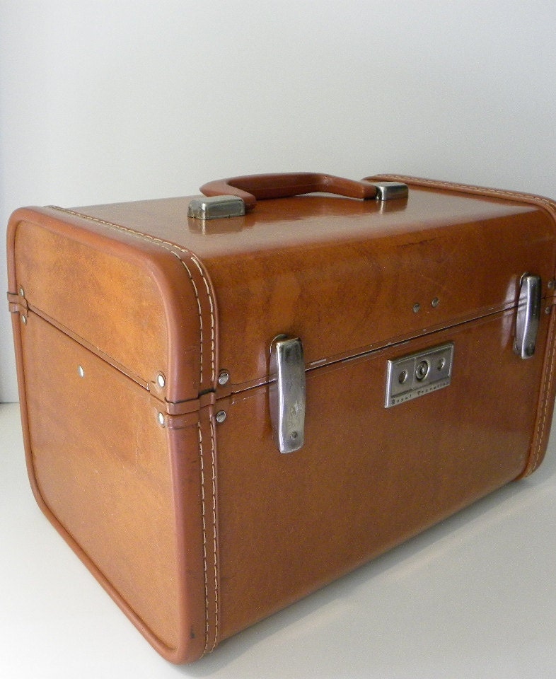 Vintage Train Case Royal Traveller Warm Caramel Brown Faux