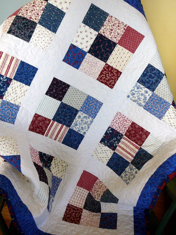 Patchwork Quilt Nine Patch Americana in Red White and Blue