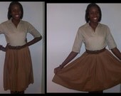 Tan and brown shirt dress with full, pleated skirt - 1950s style