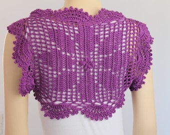 Crochet Cotton Deep Lilac Flower Shrug Bolero / Fall Spring Fashion