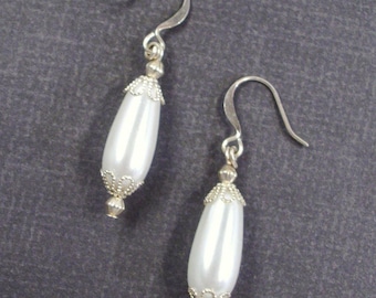 Silver Filigree White Pearl Teardrop Earrings
