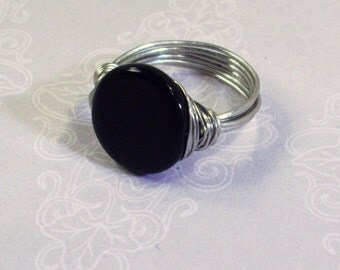 Handmade Black Onyx and Silver Wire Wrapped Ring size 7