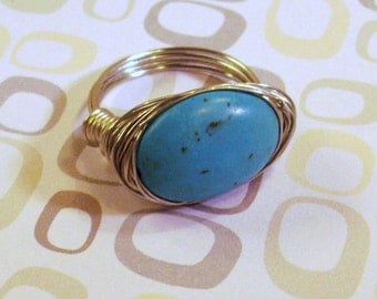 Silver Wire wrapped Blue Turquoise Ring Size 8 1/2