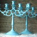 Large Shabby Chic Light Blue Candle Stick Holders - Set of Two-