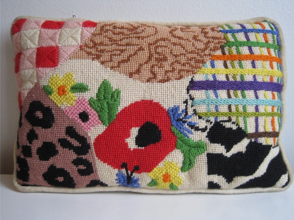 Vintage 60s 70s Mod Needlepoint Pillow Animal by farfallashop