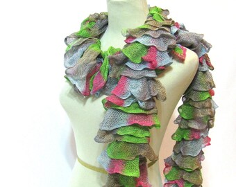 Sale Hand Knit Scarf, Ruffle Scarf, Knit Scarf, Spring Scarf, Fashion Scarf, Multicolor Scarf, Fiber Art Scarf