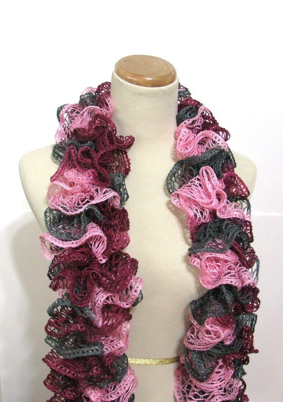 Hand Knit Ruffled Scarf Pink Gray Magenta Hot Pink