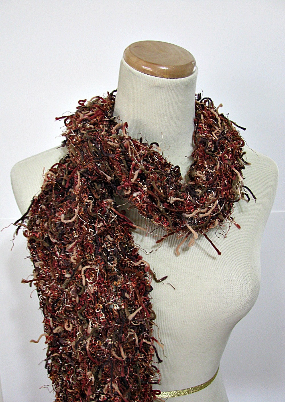 Fancy Squiggles Hand Knit Scarf Brown and Rust Tones