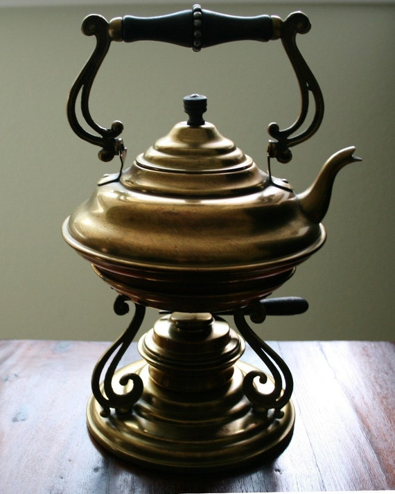 1890s Brass Teapot with Stand and Warmer by RedHerringVintage