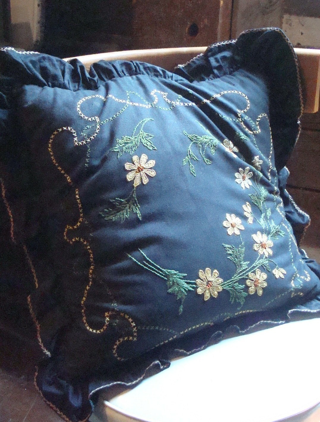 vintage pillow Black with embroidered Yellow by SaffronColoredPony
