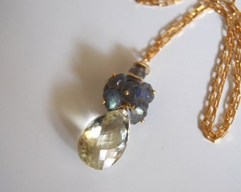 AAA Gorgeous Lemon quartz and blue flashy Labradorite necklace