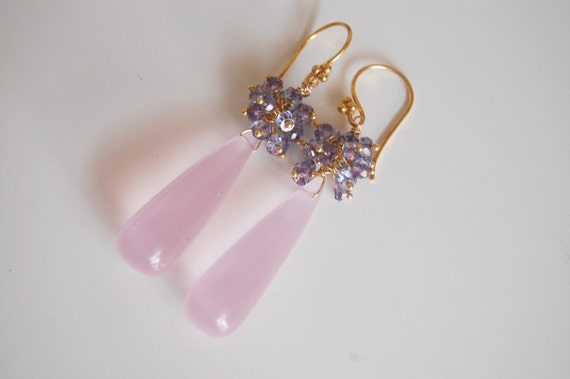 Baby Pink Quartz and Iolite Long drop Earrings