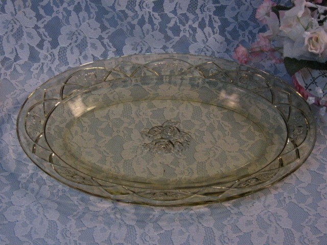 Vintage Rosemary Dutch Rose Amber Depression Federal Glass Oval Platter 1930s Glass Dinnerware