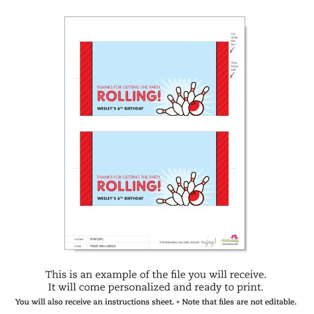 Bowling Party Personalized DIY printable treat bag label