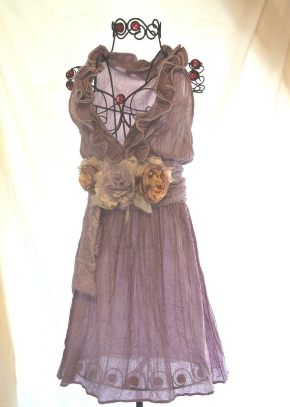 Spring Plum Gypsy gauze Sundress French country Ruffle Dress