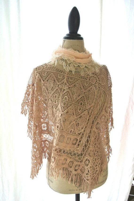 Shabby crochet poncho fringed cape ecru boho bohemian