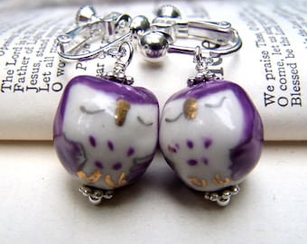 Purple Owl Earrings Cute Little Sleeping Owl Clip on Earrings