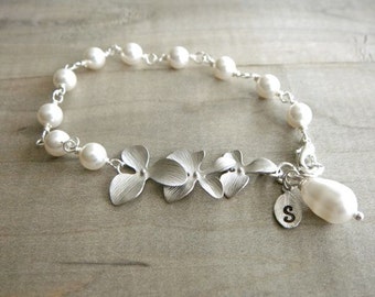 Fancy Personalized Initial Leaf with Silver Orchid and White Teardrop Pearl Bracelet - Bride, Bridal party, Bridesmaid