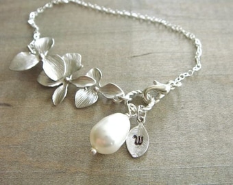 Personalized Initial Leaf with Silver Orchid and White Teardrop Pearl Bracelet - Wedding, Bride, Bridal, Bridesmaid Gift