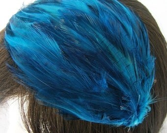SAPPHIRE BLUE Feather Pad (rooster feather) Applique for millinery,mardi gras masks,costume hat,flapper feather fascinator,children headband