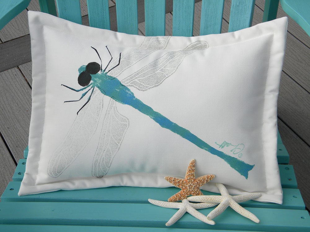 Outdoor pillow DRAGONFLY 15x20 blue aqua insect