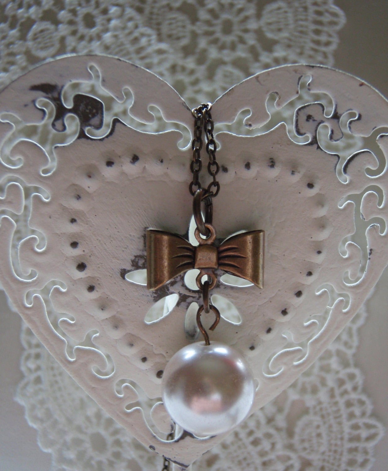 Pearl Necklace Pink Pearl and Bow Dainty by MadisonHoneyVintage