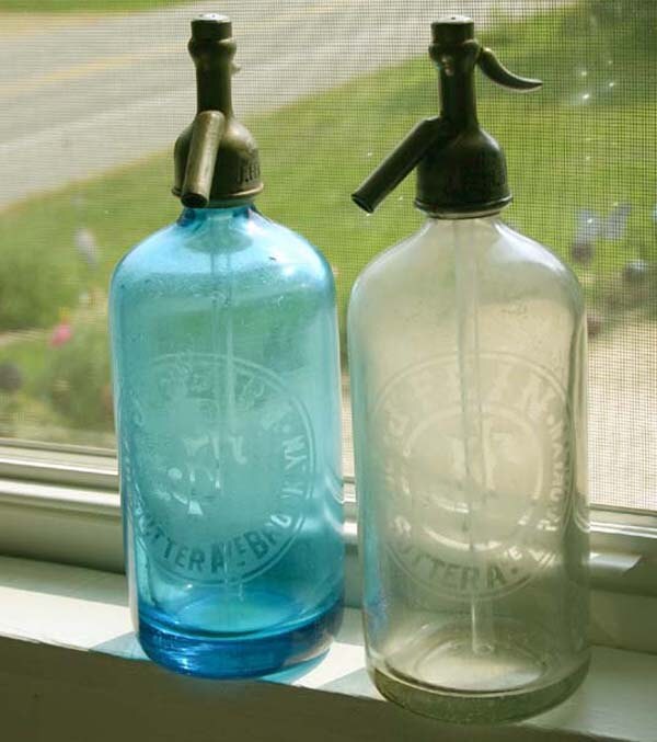 Pair of Vintage Seltzer Bottles in Aqua Blue and Clear
