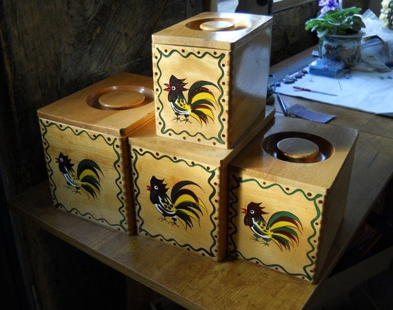 Vintage Collectible Rooster Wooden Canister Set