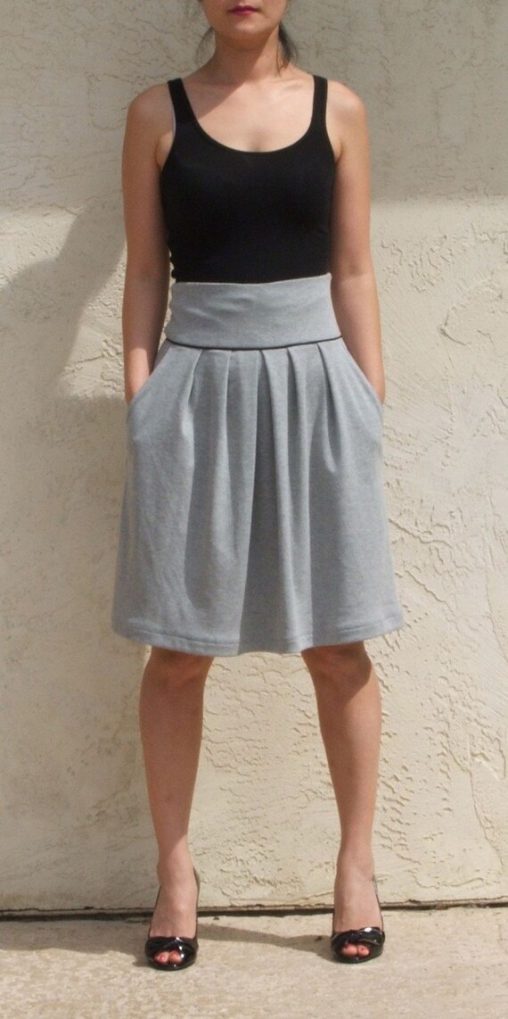 Gray High Waist Flare Skirt with Pocket Jersey Full Skirt