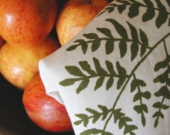 Tea Towel - Organic Linen Kitchen Towel , Hand Screen Printed with Fern Design in Moss Green , Dish Towel
